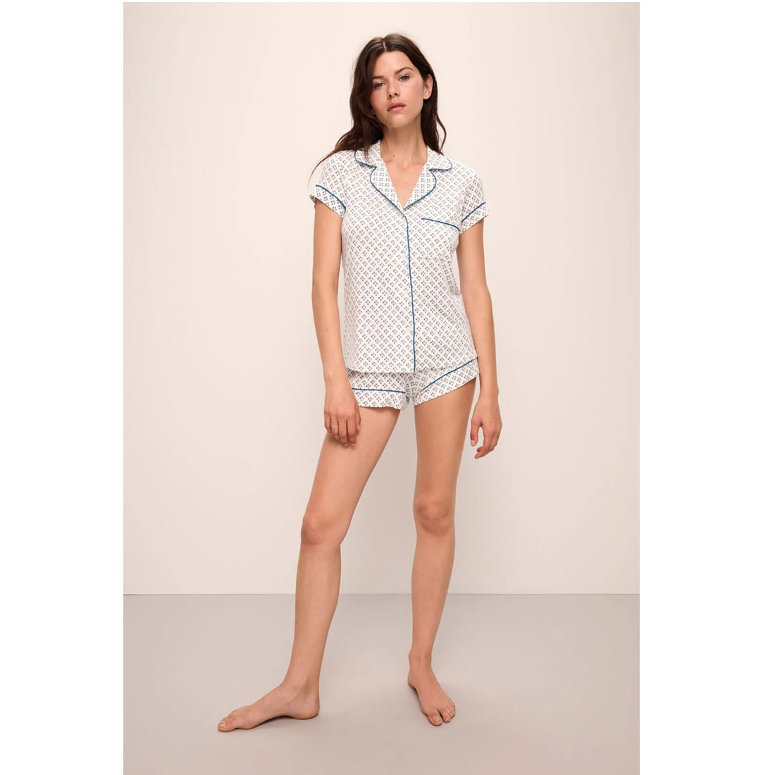 Eberjey Gisele Shortie PJ Set - Petite Batik Ivory/Denim Blue